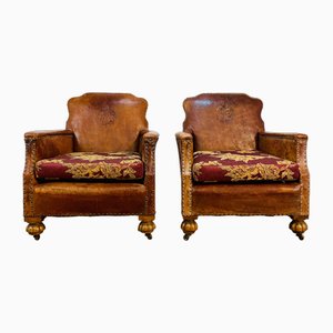 Vintage French Leather Club Chairs, 1920s, Set of 2