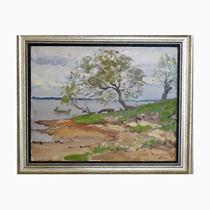 Alfejs Bromults, Daugava River, 1950, Olio su cartone