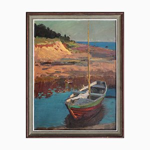 Alfejs Bromults, Boat on the River Bank, 1980, Oil on Cardboard
