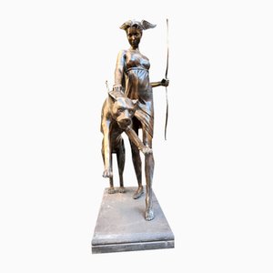 Italian Artist, Diana Goddess of Hunting with Jaguar, 20th Century, Patinated Bronze
