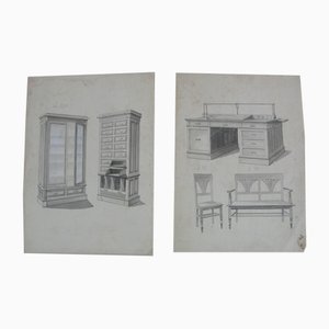 Illustrationen aus dem Möbelarchiv, Anfang des 20. Jahrhunderts, Original Bleistiftzeichnungen, 2er Set