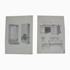 Illustrazioni da Furniture Archive, inizio XX secolo, disegni a matita originali, set di 2