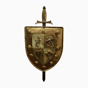 Arts and Crafts Wall Hanging Brass Shield with Sword, 1930s