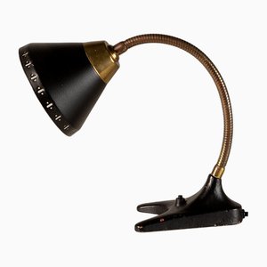 Lampe de Bureau à Col de Cygne Noire et Laiton par Erik Wärnå pour Ewå Värnamo, 1950s