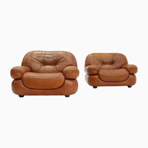 Italian Cognac Leather Lounge Chairs from Mobil Girgi, 1970s, Set of 2