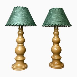 Portuguese Ceramic Table Lamps with Green Paper Lampshades, 1970s, Set of 2