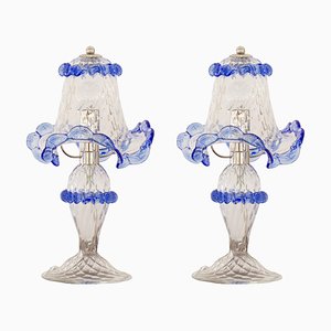 Lámparas de mesa italianas de cristal de Murano claro y azul, década de 2000. Juego de 2