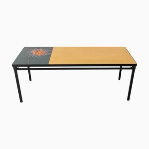 French Coffee Table in Glazed Vallauris Ceramic, Poplar and Iron, 1970s