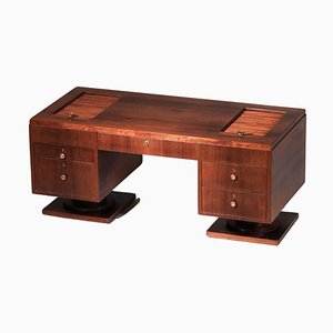 Scrivania grande Art Deco con tendina in legno e ottone, anni '30