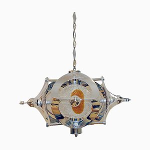 Lampada da soffitto Space Age in vetro di Murano e metallo cromato, Italia, anni '60