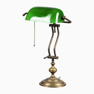 Articulated Brass & Green Glass Table Lamp, Italy, 1900s