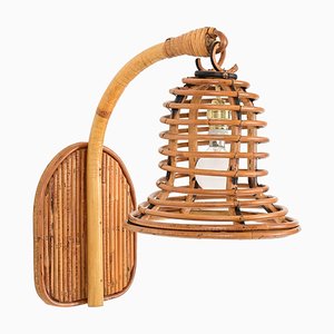 French Riviera Bell-Shaped Rattan and Wicker Sconce by Louis Sognot, France, 1960s