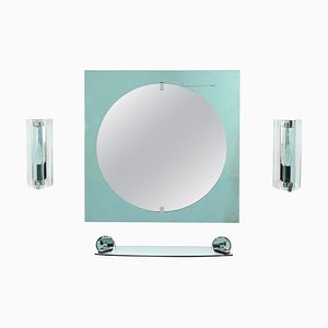 Juego de lavabo italiano en azul Tiffany con espejo, apliques, estantería atribuida a Veca, años 70. Juego de 4