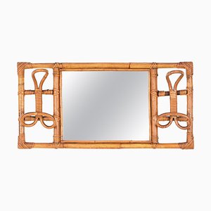French Riviera Rectangular Mirror with Coat Hooks in Rattan and Wicker, Italy, 1960s