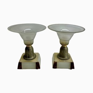 Art Deco Pedestal Bowls with Stylized Bronze on Onyx Plinth, 1935, Set of 2