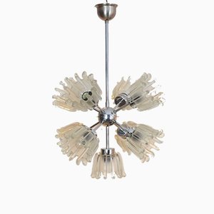 Mid-Century Chrome and Frosted Tulip Glass Chandelier by Doria
