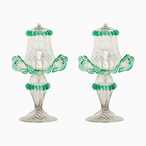 Italian Table Lamps in Clear and Green Murano Glass, 2000s, Set of 2