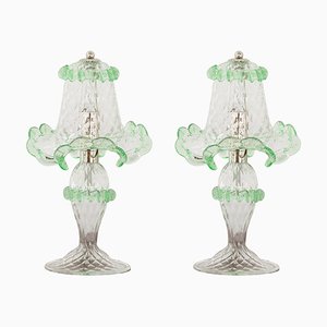 Italian Table Lamps in Clear and Light Green Murano Glass, 2000s, Set of 2