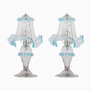 Italian Table Lamps in Clear and Light Blue Murano Glass, 2000s, Set of 2