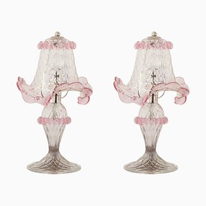 Italian Table Lamps in Clear and Pink Murano Glass, 2000s, Set of 2