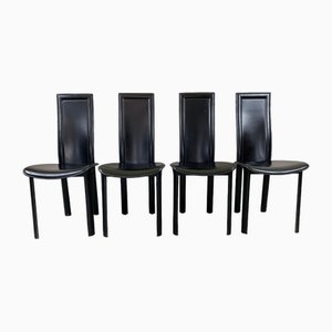 Chaises de Salle à Manger Postmodernes en Cuir Noir, 1980s, Set de 4