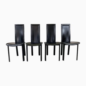 Postmodern Black Leather Dining Chairs, 1980s, Set of 4