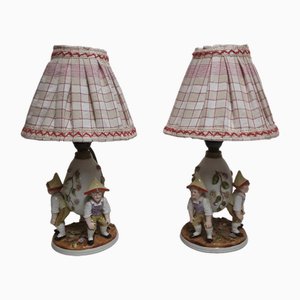 Lampes de Chevet Antiques Figuratives avec Socles en Porcelaine, 1900s, Set de 2