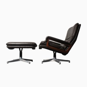 King Chair with Footrest in Brown Leather by André Vandenbeuck for Strässle, 1970s, Set of 2