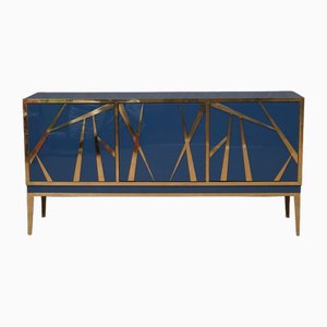 Credenza Mid-Century in vetro blu e ottone, Italia, 2000