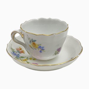 Porcelain Coffee Cup and Saucer with Gold Rims from Meissen, Set of 2