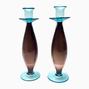 Candelabros italianos vintage de cristal de Murano marrón y aguamarina, años 80. Juego de 2