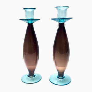 Italienische Vintage Kerzenhalter aus Murano Glas in Braun & Aquamarin, 1980er, 2er Set