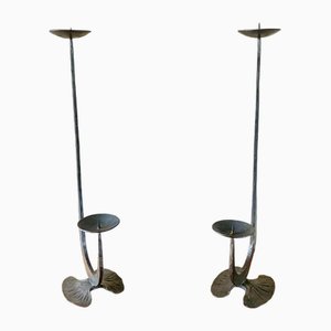 French Brutalist Style Two-Arm Iron Candlesticks, Set of 2