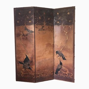 Art Nouveau Three Panel Tooled Leather Screen, 1900s