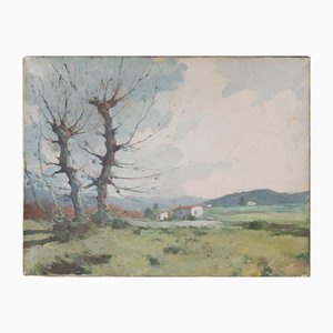 Paisaje de árboles y montañas, años 20, óleo sobre lienzo