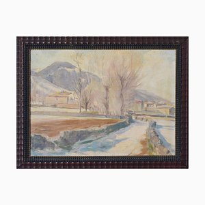 Artista impressionista, Paesaggio innevato con villaggio di montagna, anni '20, Olio su tela