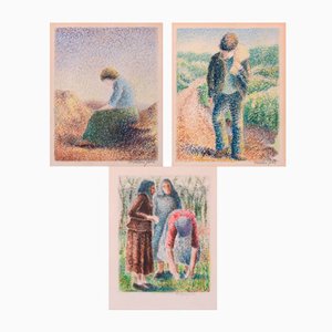 Pere Ventura Julia, Pointillistische Szenen, Aquarelle, 3er Set