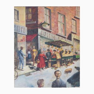 British Street Scene of Market Day on Portobello Road, Oil on Canvas