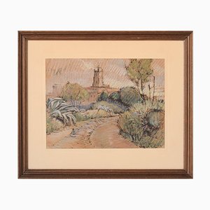 Post-Impressionist Artist, Sketch of a Church in a Landscape, Mixed Media on Paper