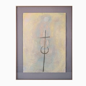 Painting with Cross, Oil or Acrylic on Paper, Framed