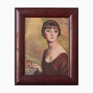 Young Woman Holding an Apple, 1920s, Oil on Board