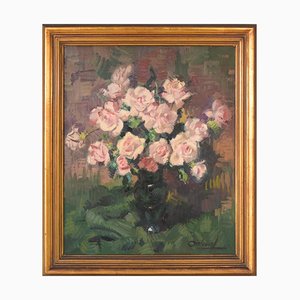 Bodegón con flores rosadas, óleo sobre lienzo
