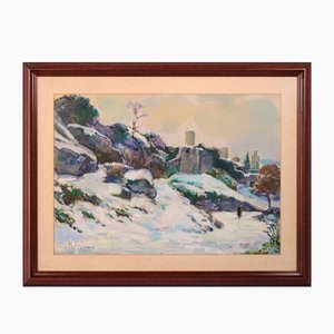 Impressionistischer Künstler, Schneelandschaft, Malerei auf Papier