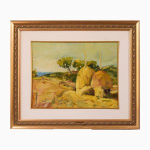 Artista post impressionista, Paesaggio con covoni di fieno, Dipinto ad olio