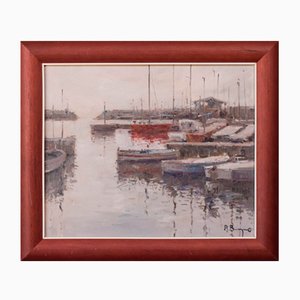 Artista posimpresionista, Puerto con barcos de pesca, Pintura al óleo