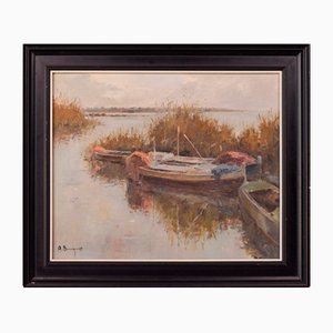 Artista posimpresionista, Escena del lago con barcos, Pintura al óleo