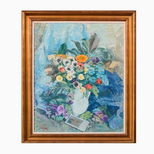 Bodegón con flores y fotografía, óleo sobre lienzo