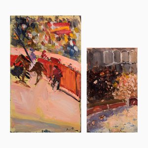Spanish Artist, Sketches of a Bullfight, Oil Paintings, Set of 2