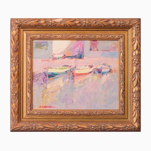 Post Impressionist Artist, Fishing Boats, Oil on Board