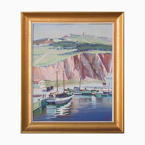 Ricard Tarrega Viladoms, Paesaggio post impressionista con barche, Olio su tavola